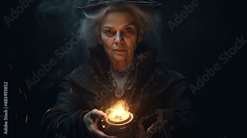 An old mysterious magician witch in a dark place