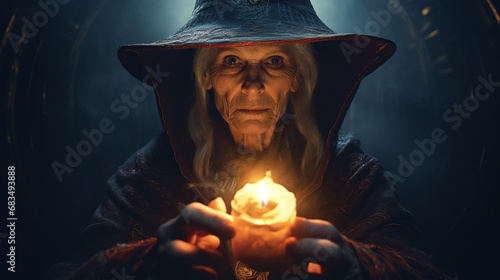 An old mysterious magician witch in a dark place