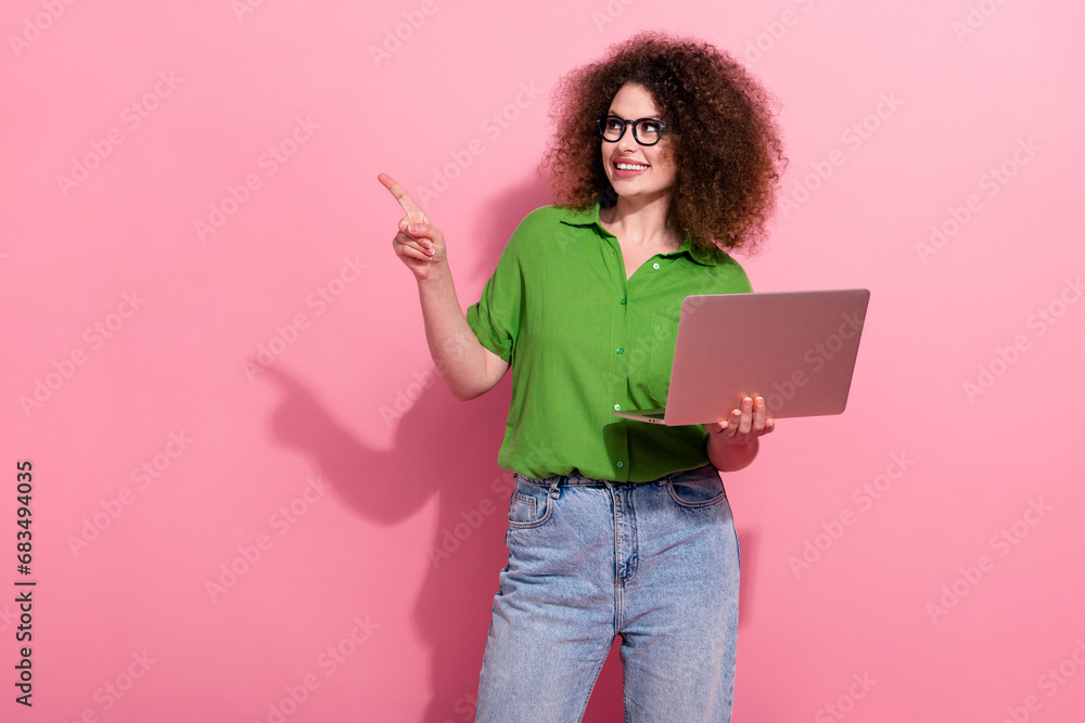 Photo of charming cheerful girl office worker in trendy polo look empty space recommend novelty isolated on pink color background Photo of charming cheerful girl office worker in trendy polo look empty space recommend novelty isolated on pink color background