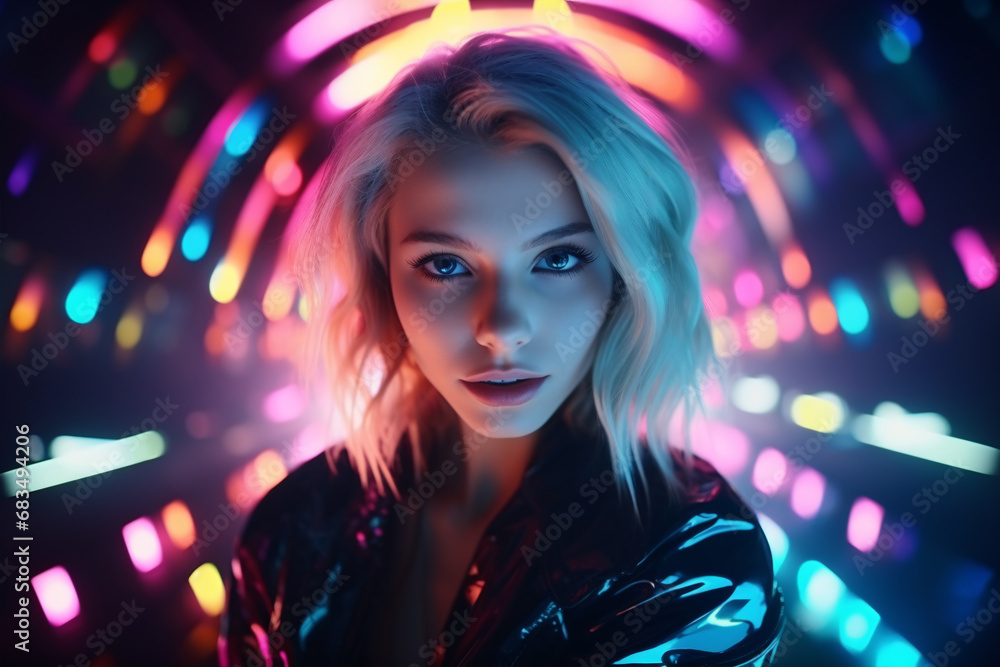 A gorgeous futuristic female gazes into the camera lens amidst a multicolored radiance in a vibrant nightclub.