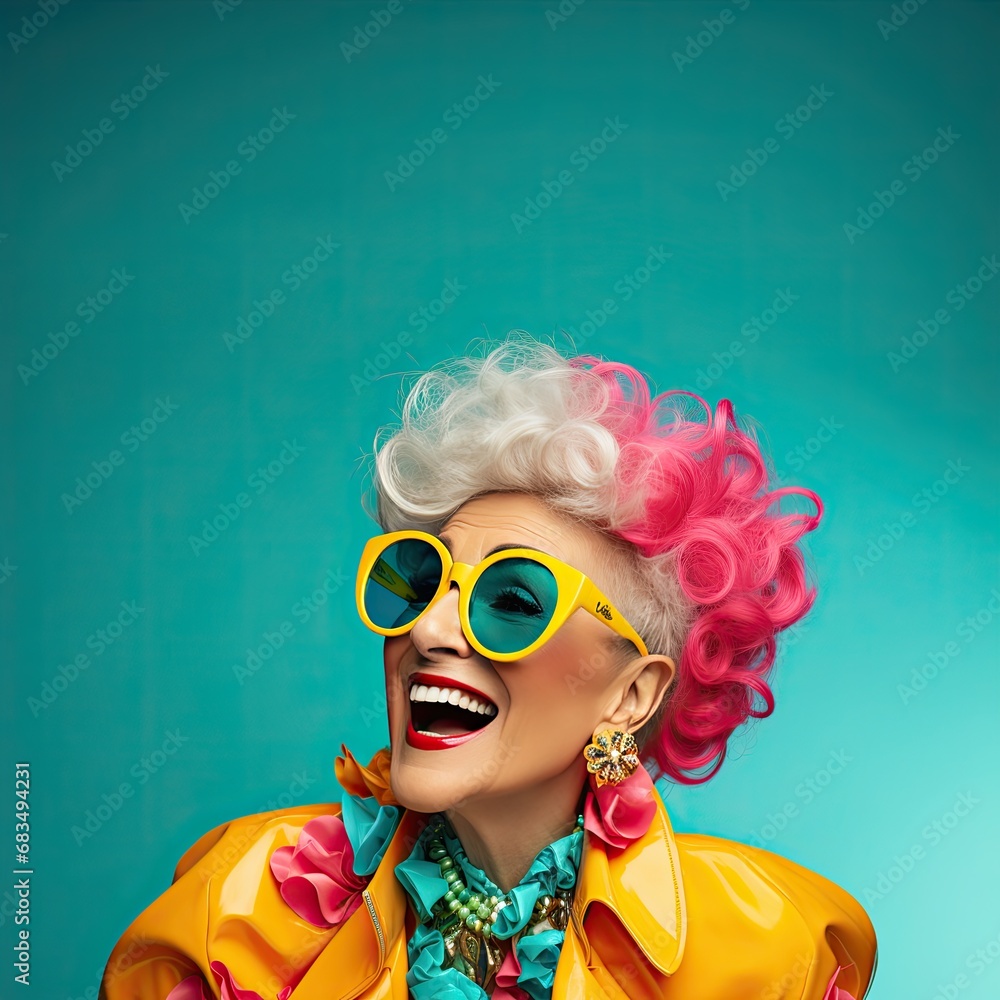 An elderly beautiful woman with bright dyed hair and sunglasses. Generated by AI. An elderly beautiful woman with bright dyed hair and sunglasses. Generated by AI.