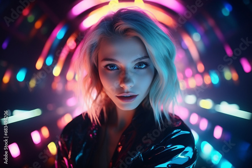 A gorgeous futuristic female gazes into the camera lens amidst a multicolored radiance in a vibrant nightclub.