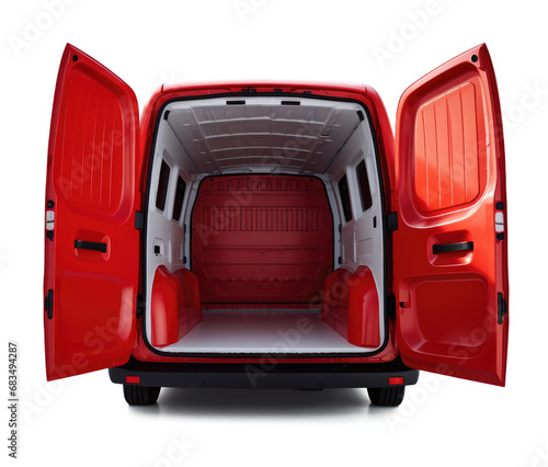 Red modern delivery van back view, empty cargo space, rear hatch barn doors open, isolated on white or transparent background