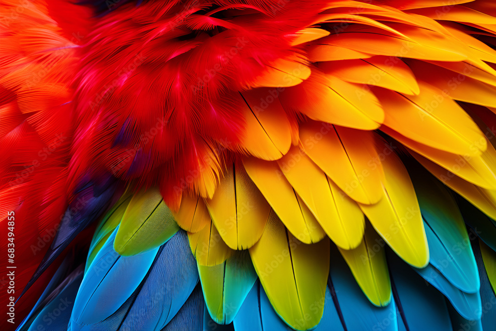 Obraz premium Close up of Scarlet macaw bird's feathers, exotic nature background and texture. Beautiful nature background, close up details texture of Scarlet macaw parrot bird feathers