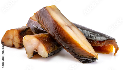 Smoked eel pieces isolated on white background, cutout photo