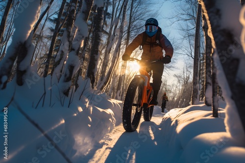 a man rider riding a fat bike bicycle in snow covered road trail in cold frosty winters photo