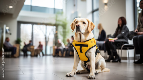 Photo of the Labrador retriever Guide dog in dog clothes and guide harness helps a disabled office worker in wheelchair in a modern office photo