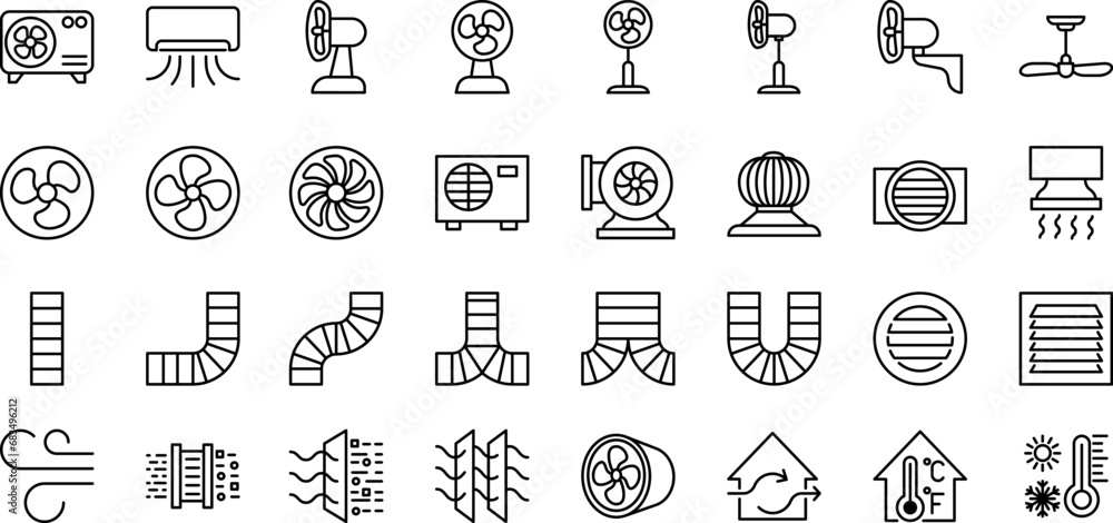 Ventilation equipment line icons. Air conditioning, cooling appliances, exhaust fan. Household and industrial ventilator thin linear signs for store. - obrazy, fototapety, plakaty 