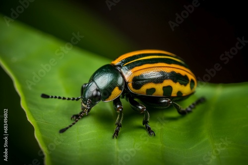 Colorado beetle on green leaf. Insect animal striped damage bug. Generate Ai