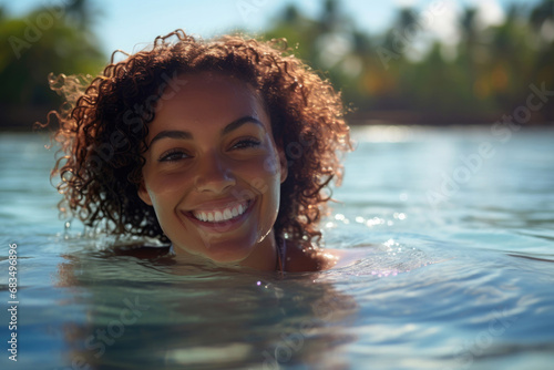 Young smiling woman in the water on the Caribbean coast