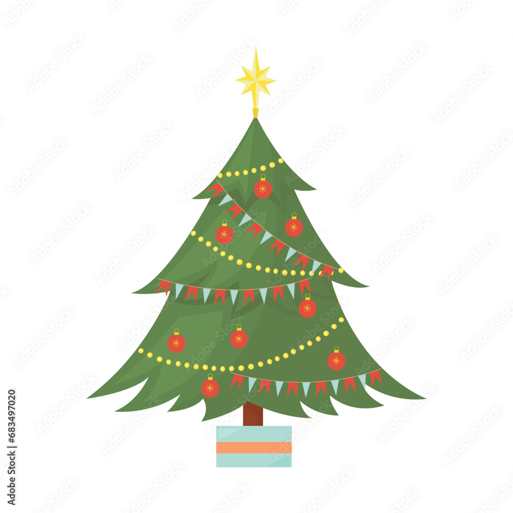 Cute Christmas tree decorated with toys and garlands. Isolated illustration on white background in vector cartoon flat style