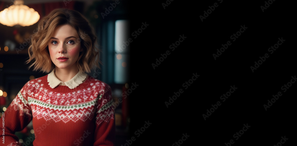 A girl in a Christmas sweater isolated on a dark background. Generative AI.