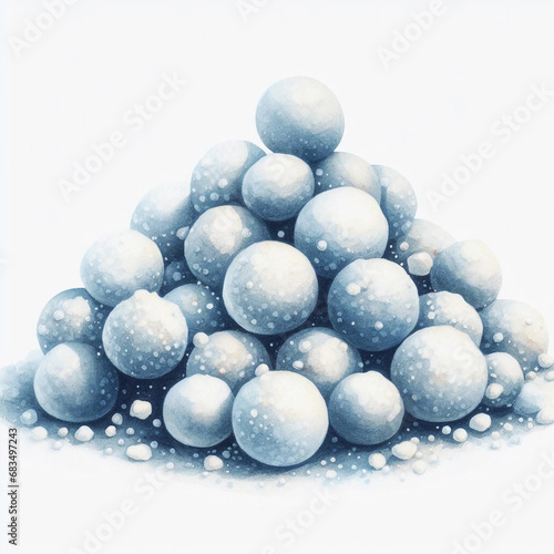 Heap of snow balls. Children's watercolor illustration on a white background. Generative AI.