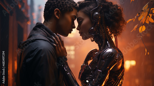 young man and woman hugging, love between human and cyborg