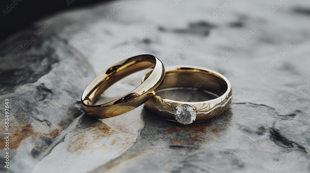 gold wedding rings lying on marble stone, closeup gold wedding rings lying on marble stone, closeup