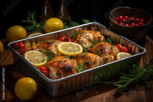 Savory and succulent roast chicken sizzling in a pan, with its skin perfectly golden and crispy