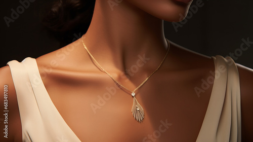 black model wearing a white dress with low neckline and a gold necklace with diamond pendant, closeup