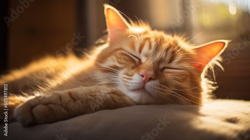 Peaceful Orange Tabby Cat Enjoying a Sunlit Nap on a Cozy Bed in a Domestic Setting
