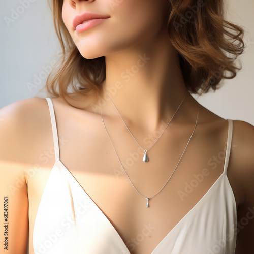 blond model wearing a silver necklace with a pendant and a white summer dress with low neckline
