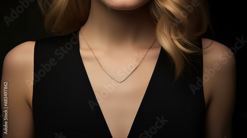 blond model wearing a silver necklace with a pendant and a black evening dress with neckline photo