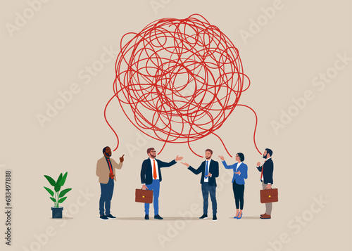 Scandal, nerves, breakdown. Business team coworker discussing work in meeting with speech bubbles. Discussion high stress conditions and under hard businessman pressure. Vector illustration.