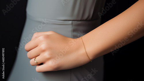 delicate golden bracelet on a model s wrist  closeup