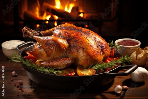 Perfectly seasoned roast chicken with juicy meat and crispy golden skin, cooked in a sizzling pan