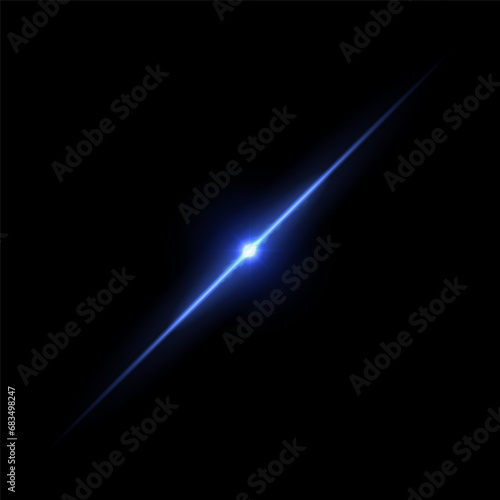 A blue, bright star flashes with luminous rays. Radiant blur with glare effect.