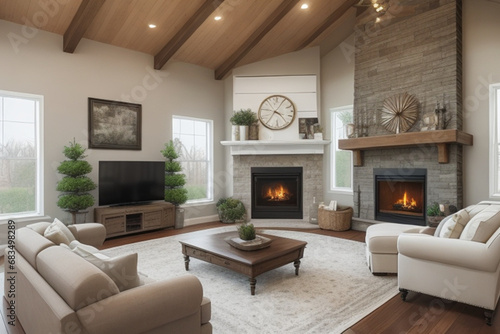 Wallpaper Mural This stunning living room in a newly built luxurious home has a charming farmhouse aesthetic. It boasts gorgeous hardwood flooring, elegant white shiplap walls, a cozy fireplace, ai generated Torontodigital.ca