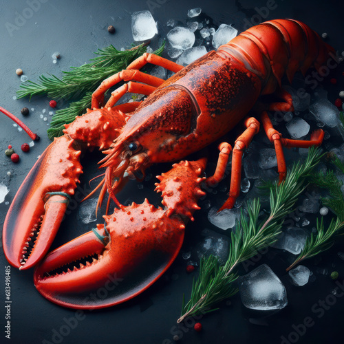 A beautiful red lobster lying on ice and on a black background with space for inscriptions. ai generative
