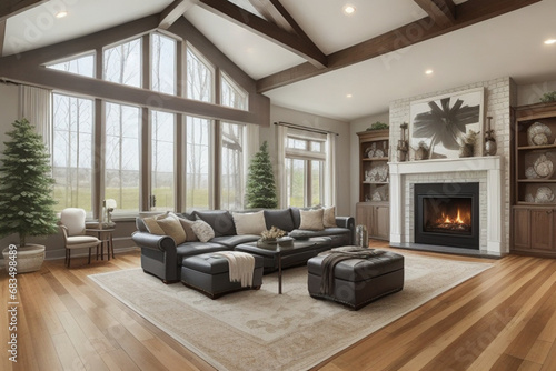 This stunning living room in a newly built luxurious home has a charming farmhouse aesthetic. It boasts gorgeous hardwood flooring, elegant white shiplap walls, a cozy fireplace, ai generated