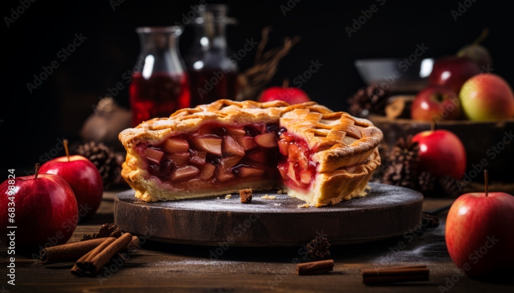 Scrumptious homemade apple pie with a golden crust on a charming rustic wooden background