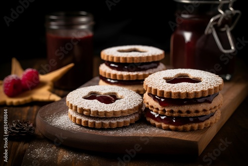 Linzer cookies jam sugar holiday. Traditional snack decoration advent. Generate Ai