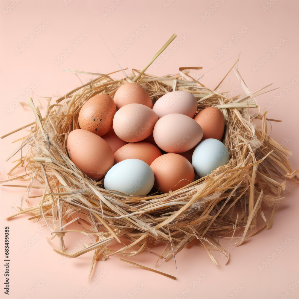 Chicken eggs in a straw nest on solid pastel background. ai generative Chicken eggs in a straw nest on solid pastel background. ai generative