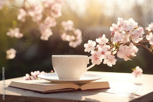 Serene and refreshing a delightful spring morning with a white cup of coffee and a book