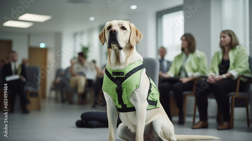 Photo of the Labrador retriever Guide dog in dog clothes and guide harness helps medical staff in a modern hospital photo