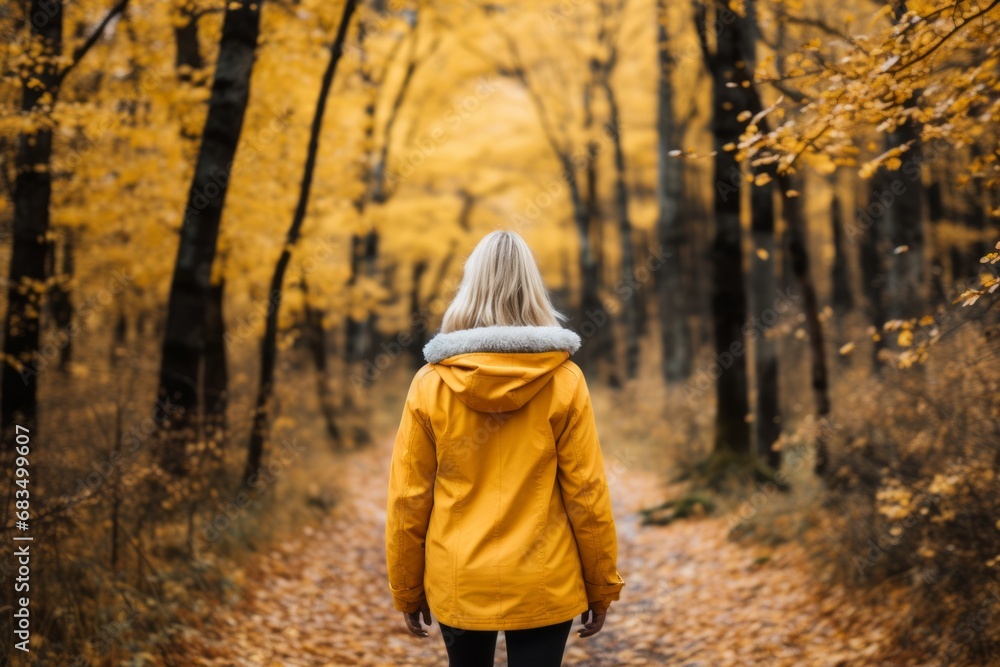 Unrecognizable woman walking on autumn forest nature path   active outdoor trail in woods background