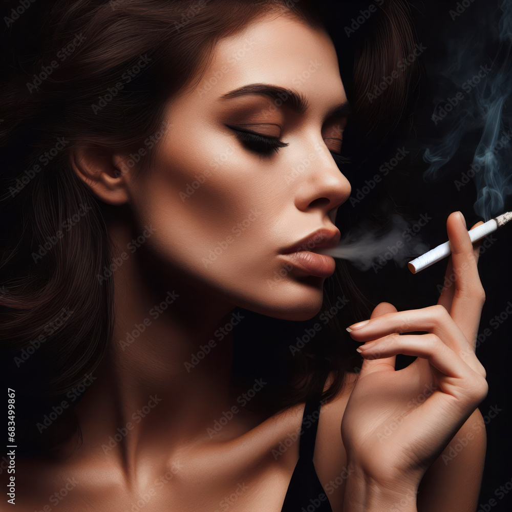 Obraz premium Woman smoking a cigarette on black background. ai generative