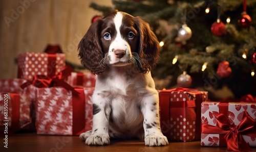 cute springer spaniel puppy christmas background photo
