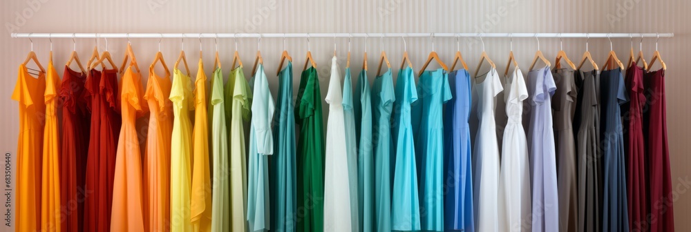 Stylish and colorful fashion clothes hanging on clothing rack in a vibrant closet setting
