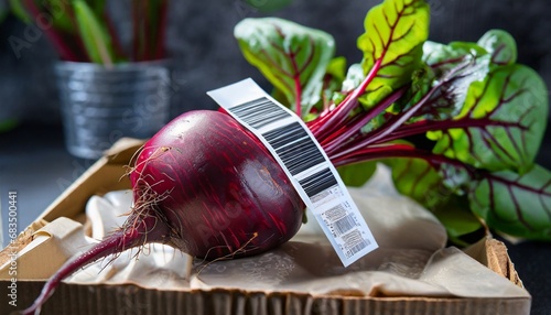 Red beet (beetroot) in plastic package bag with barcode photo