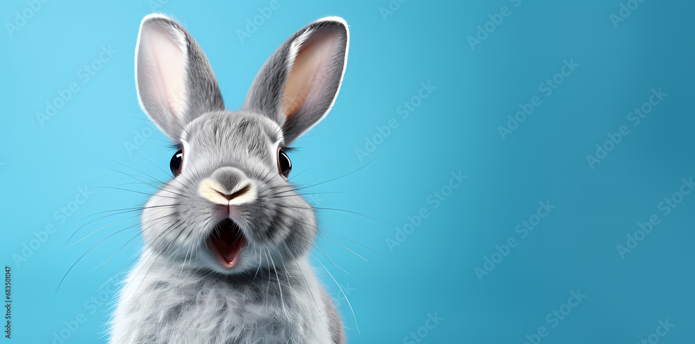 Obraz premium cute gray rabbit on blue background with copy space. Art design for backdrop or wallpaper with copy space.