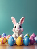 Cute Easter bunny with eggs with copy space