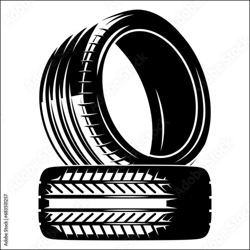 Two automobile rubber tires without discs. Vector monochrome illustration. Template for design