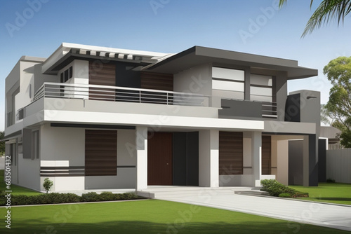 The front view or outer appearance of a newly constructed two story residence that features a contemporary design inspired by Australian architecture ai generated