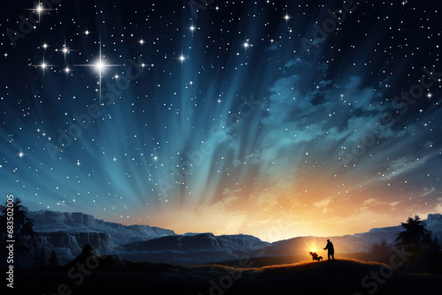 The star shines over the manger of Christmas of Jesus Christ.