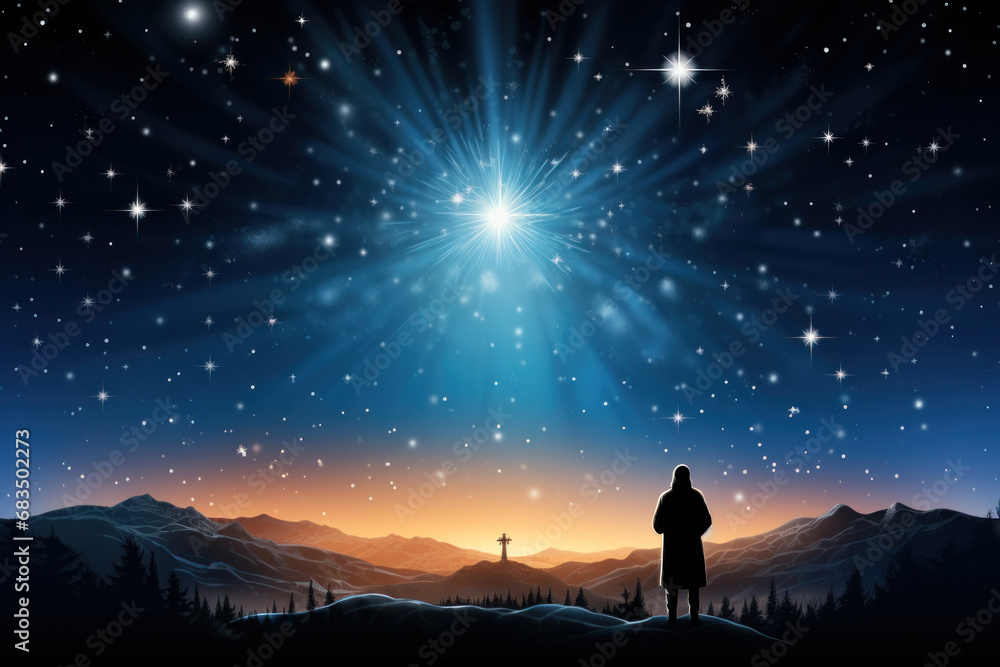 The star shines over the manger of Christmas of Jesus Christ.