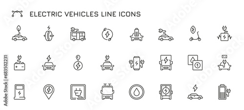 Electric car line icons. Electric vehicle charging and parking, hybrid electric car line and station, eco transportation concept. Vector set of electric energy electricity illustration
