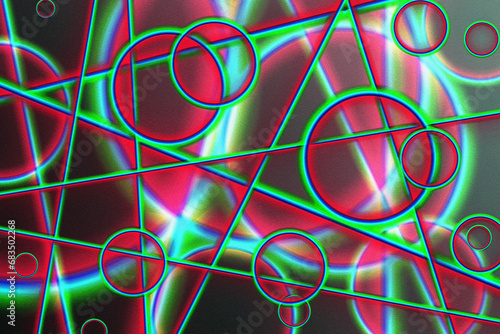 Geometric abstract background. Red-green circles and straight lines intersect and overlap each other on a dark background. Illustration. photo