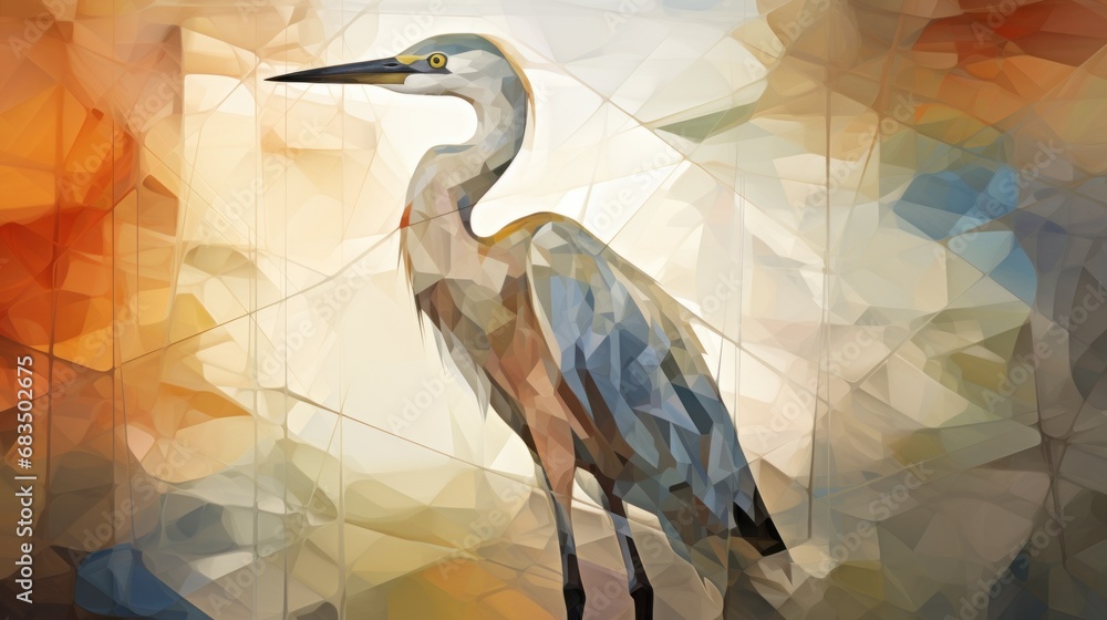Fototapeta premium a bird with a long neck and a long neck standing in front of a background of orange, yellow, and blue shapes.